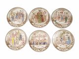 six plates with different designs of people on them on a white surface