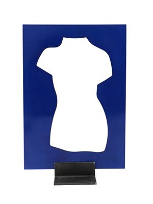 a blue and white sign with a female torso on it