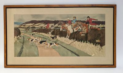 tableau représentant un groupe d'hommes à cheval et des chiens dans un champ
