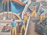 a painting of a group of men working on a boat