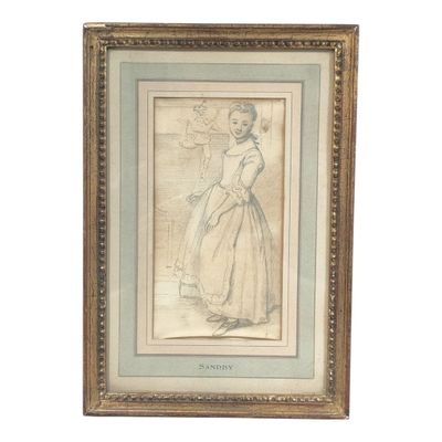 un vieux dessin représentant une fillette en robe tenant une fleur