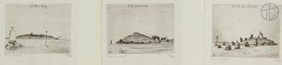three drawings of a mountain range with trees and mountains in the background