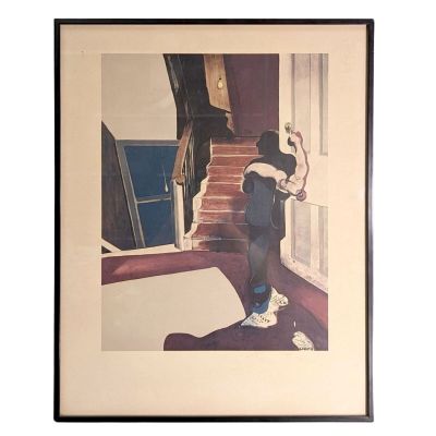 painting of a man holding a baby in his arms in front of a staircase