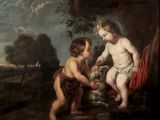 an image of a painting of two children playing with a dog