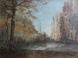 une peinture à l'huile représentant un ruisseau dans une zone boisée, avec des arbres au premier plan