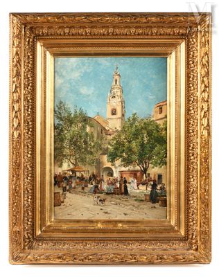 an oil painting of a town square with a church in the background