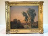 un vieux tableau représentant un paysage avec un oiseau volant près d'un arbre
