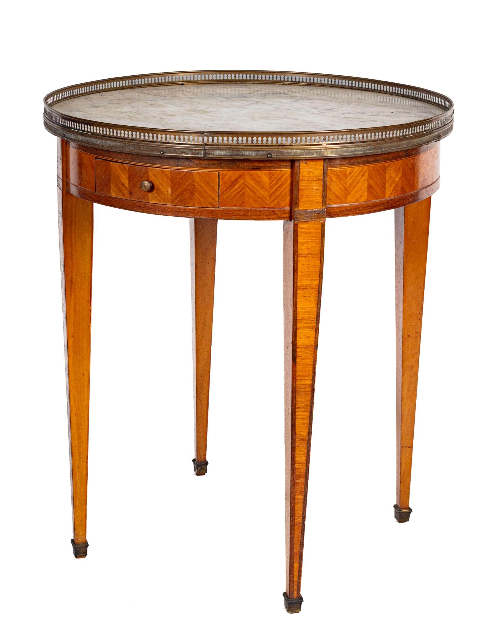 Table bouillotte en bois de placage à décor géométrique, le …