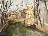 a painting of a bridge over a river in a city