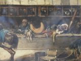 a painting of a man riding a horse in a stable