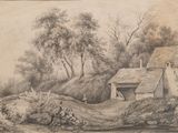 un vieux dessin représentant une ferme avec une maison en arrière-plan
