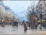 a painting of a woman walking down a city street