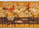 an image of a rug with birds and flowers on a yellow background