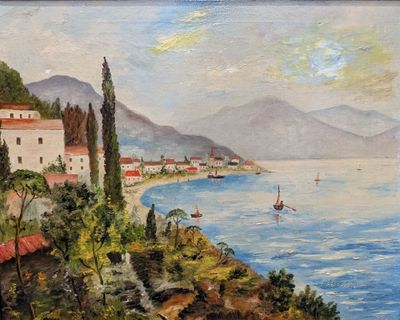 un tableau représentant la vue d'une petite ville au bord de l'eau