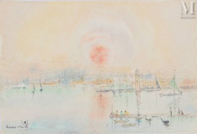 an image of a painting of boats in a body of water