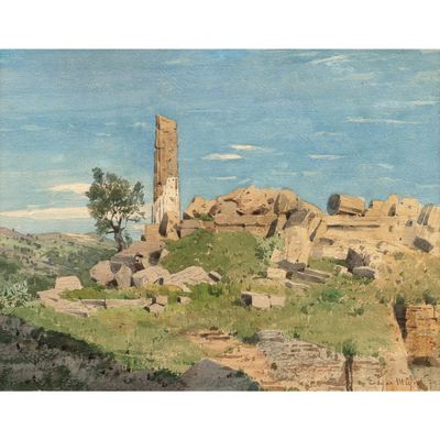 une image représentant un tableau où l'on voit des rochers et une tour sur une colline