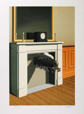 a painting of a train coming out of a fireplace
