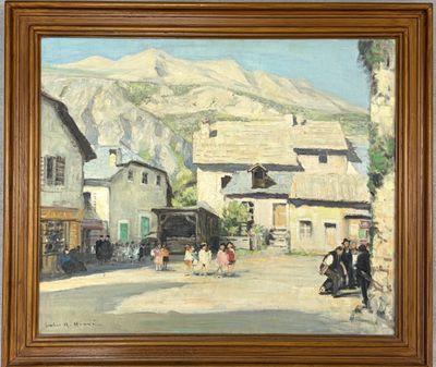 tableau représentant une scène de village avec une montagne en arrière-plan