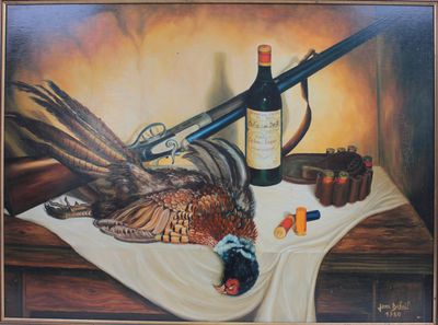 a painting of a bottle of wine, a gun, and a pheasant on a table