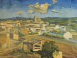 un tableau représentant une ville située sur une colline, avec une rivière au premier plan