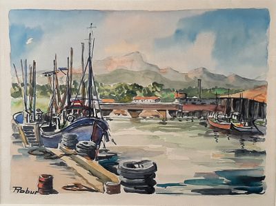 a painting of boats in a harbor with mountains in the background