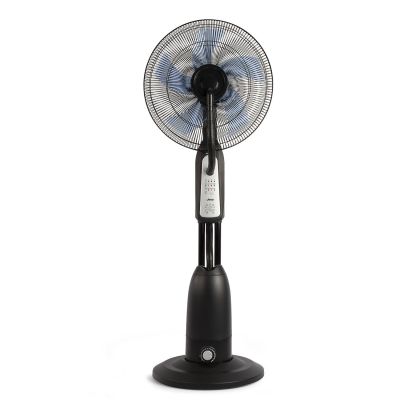 a close up of a fan on a stand on a white background