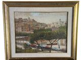 une peinture à l'huile représentant une vue d'une ville depuis une colline