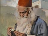 une peinture à l'huile représentant un homme coiffé d'un chapeau rouge, les yeux rivés sur son téléphone portable