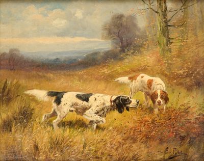 un tableau représentant deux chiens et un mouton dans un champ