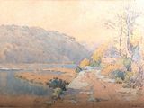 l'image d'un tableau représentant un paysage avec une rivière au premier plan