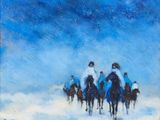 une peinture à l'huile représentant un groupe de personnes à cheval dans la neige