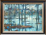 painting of a painting of a river with trees and houses in the background