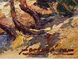 a painting of a tree on the beach by the water