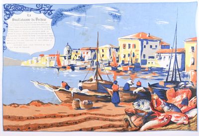a picture of a painting of boats on the water