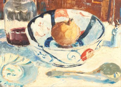 un tableau représentant un bol contenant une poire, posé sur une table