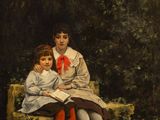 painting of two children sitting on a bench in a wooded area