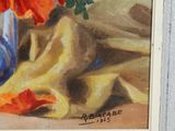 a painting of a blue vase with red flowers in it