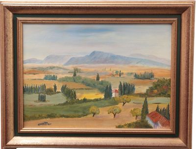 an oil painting of a farm scene with a mountain in the background