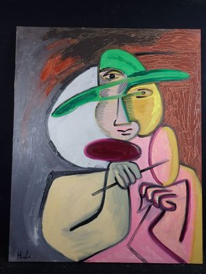 painting of a woman in a green hat and a man in a pink shirt