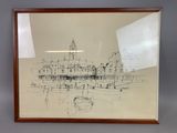 tableau encadré représentant un dessin d'une ville avec une tour horloge en arrière-plan