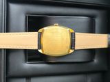 the watch is sitting on the leather strap of the watch case