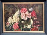 a painting of flowers in a vase on a table