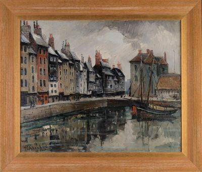 une peinture à l'huile représentant une scène de rivière avec un bateau dans l'eau