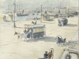un tableau représentant des personnes se promenant sur la plage avec un cheval et une calèche