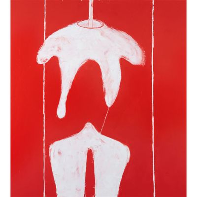 un tableau rouge et blanc représentant deux mains suspendues à des ficelles