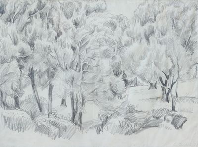 dessin au crayon représentant un espace boisé avec des arbres et un banc