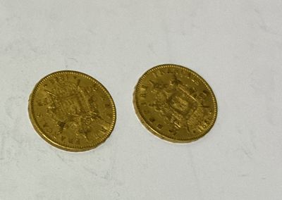 two gold coins sitting next to each other on a white surface