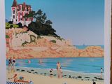 une image représentant une affiche sur laquelle figure une plage avec des personnes