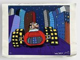 painting of a man and woman in a red car in a city at night