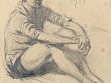 dessin représentant un homme assis par terre, les jambes croisées